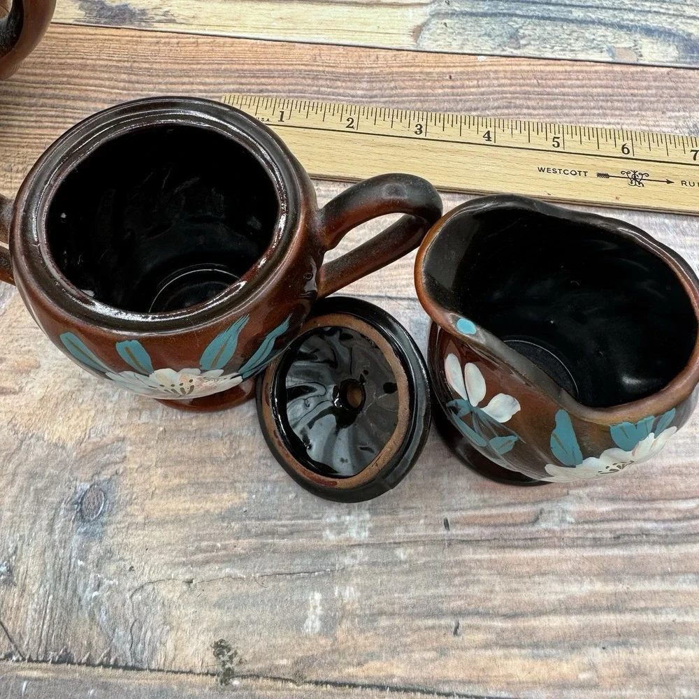 Vintage Japanese Moriage Redware Tea Set Floral‎ 1940s Pottery Pot Creamer Sugar